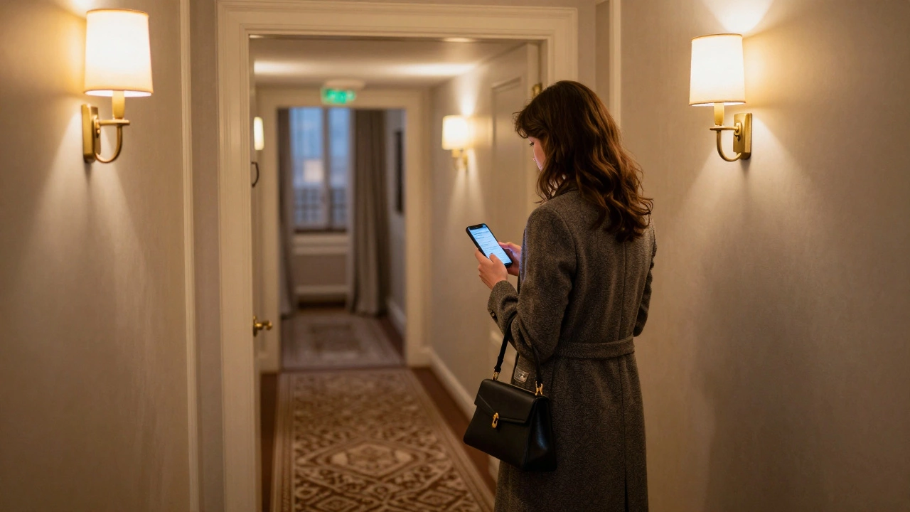 An escort arriving at a hotel room in Paris, carrying only a small bag, in a professional setting.